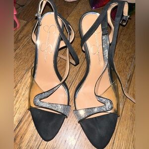 Jessica Simpson Women Ankle Strap Sandals Whitley US 8.5M Black Clear Silver